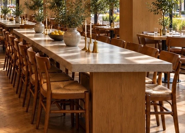 La grande table de pierre avec branches d’olivier et bougies